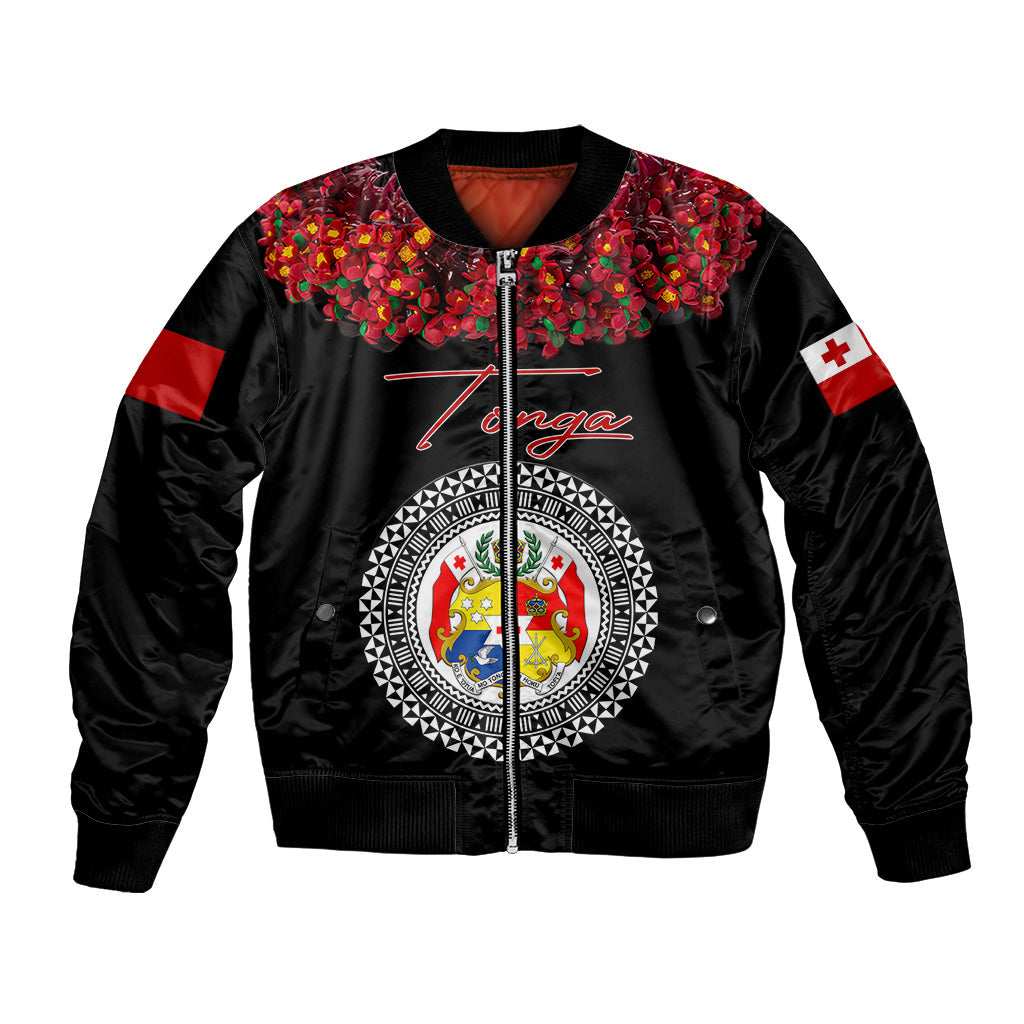 (Custom Personalised) Tonga Emancipation Day Bomber Jacket Independence Day Unique Kahoa Heilala Flower Black