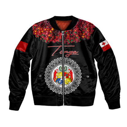 (Custom Personalised) Tonga Emancipation Day Bomber Jacket Independence Day Unique Kahoa Heilala Flower Black