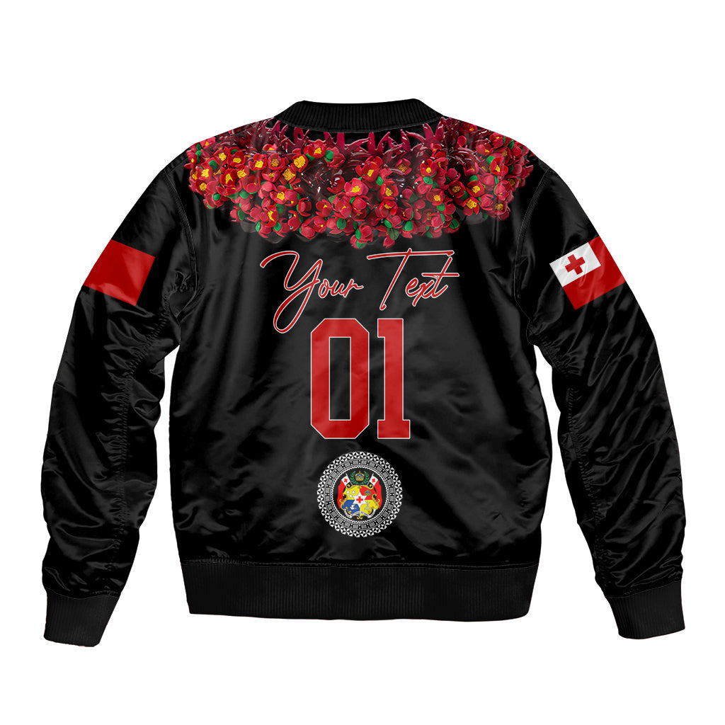 (Custom Personalised) Tonga Emancipation Day Bomber Jacket Independence Day Unique Kahoa Heilala Flower Black