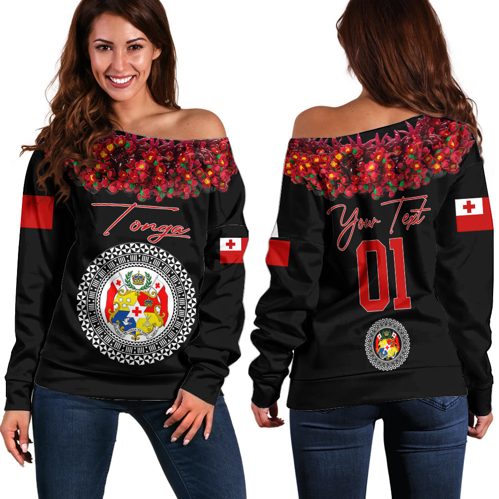 (Custom Personalised) Tonga Emancipation Day Off Shoulder Sweater Independence Day Unique Kahoa Heilala Flower Black