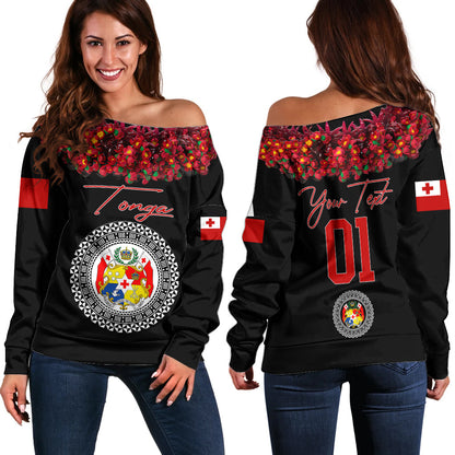 (Custom Personalised) Tonga Emancipation Day Off Shoulder Sweater Independence Day Unique Kahoa Heilala Flower Black