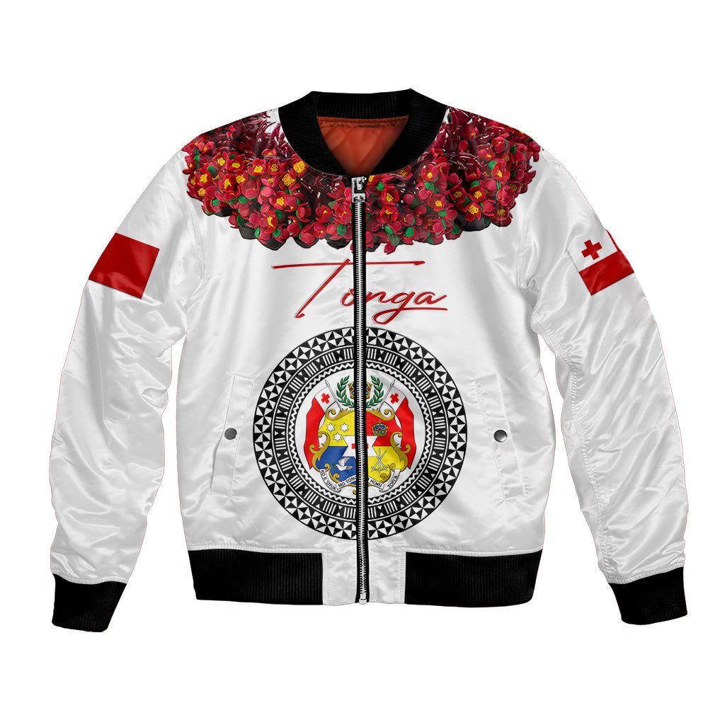 (Custom Personalised) Tonga Emancipation Day Bomber Jacket Independence Day Unique Kahoa Heilala Flower White