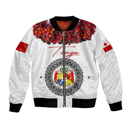 (Custom Personalised) Tonga Emancipation Day Bomber Jacket Independence Day Unique Kahoa Heilala Flower White