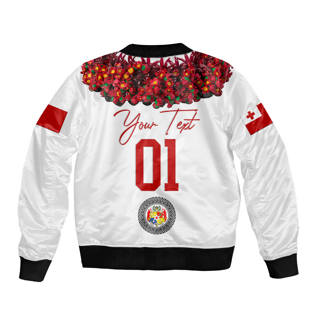 (Custom Personalised) Tonga Emancipation Day Bomber Jacket Independence Day Unique Kahoa Heilala Flower White