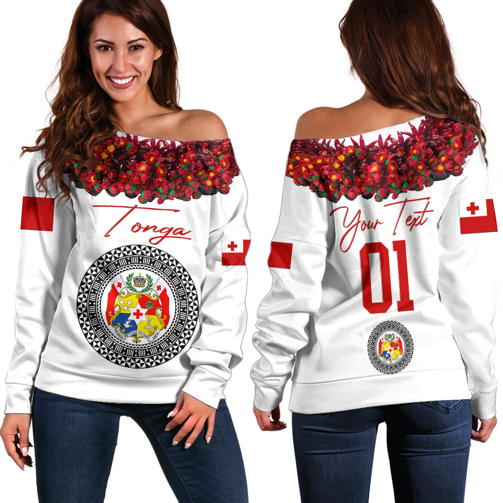 (Custom Personalised) Tonga Emancipation Day Off Shoulder Sweater Independence Day Unique Kahoa Heilala Flower White