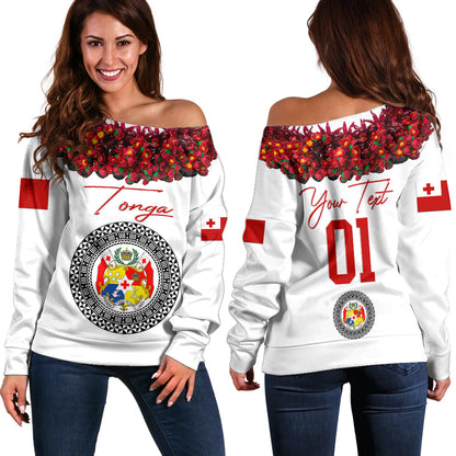 (Custom Personalised) Tonga Emancipation Day Off Shoulder Sweater Independence Day Unique Kahoa Heilala Flower White
