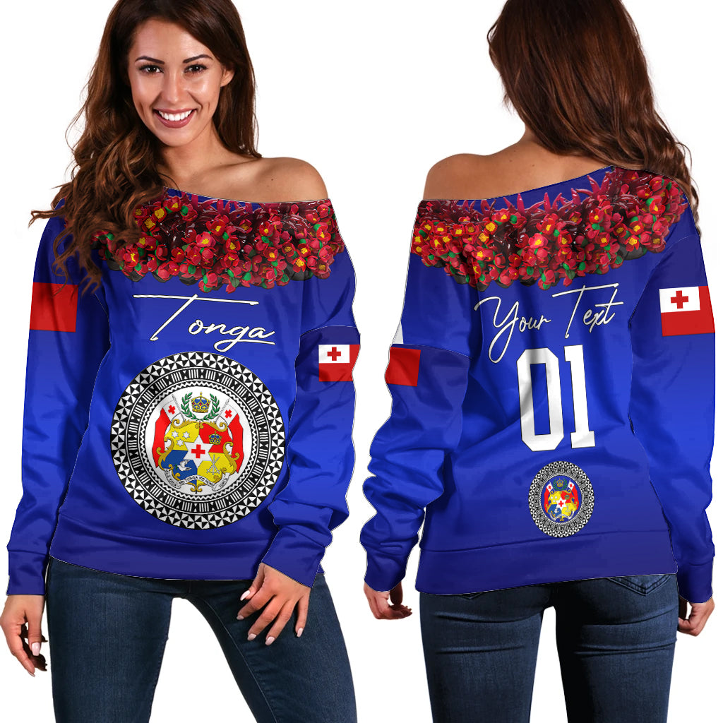 (Custom Personalised) Tonga Emancipation Day Off Shoulder Sweater Independence Day Unique Kahoa Heilala Flower Blue