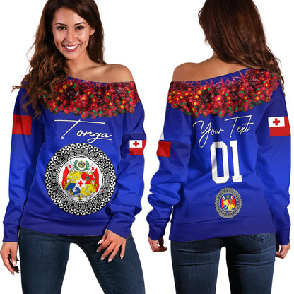 (Custom Personalised) Tonga Emancipation Day Off Shoulder Sweater Independence Day Unique Kahoa Heilala Flower Blue