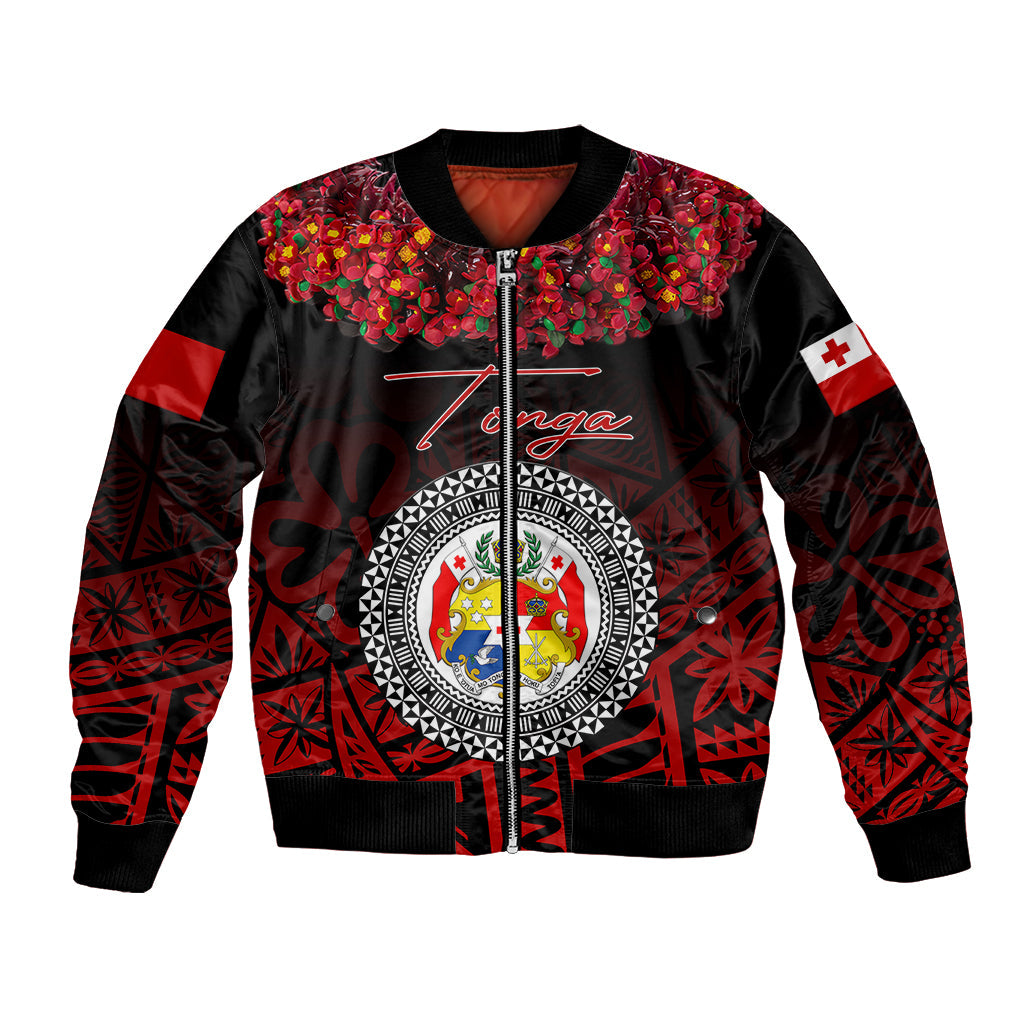 (Custom Personalised) Tonga Emancipation Day Bomber Jacket Independence Day Kupesi Kahoa Heilala Flower Black