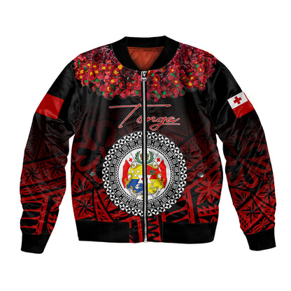 (Custom Personalised) Tonga Emancipation Day Bomber Jacket Independence Day Kupesi Kahoa Heilala Flower Black