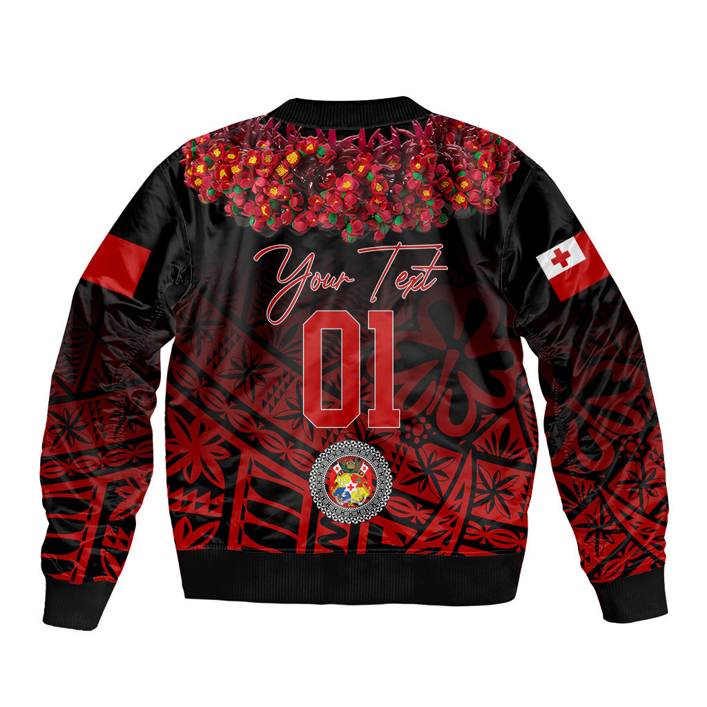(Custom Personalised) Tonga Emancipation Day Bomber Jacket Independence Day Kupesi Kahoa Heilala Flower Black