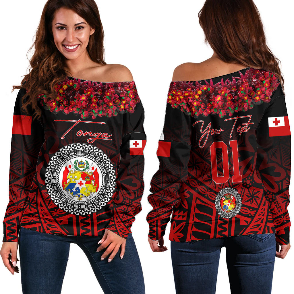(Custom Personalised) Tonga Emancipation Day Off Shoulder Sweater Independence Day Kupesi Kahoa Heilala Flower Black