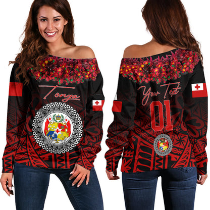 (Custom Personalised) Tonga Emancipation Day Off Shoulder Sweater Independence Day Kupesi Kahoa Heilala Flower Black