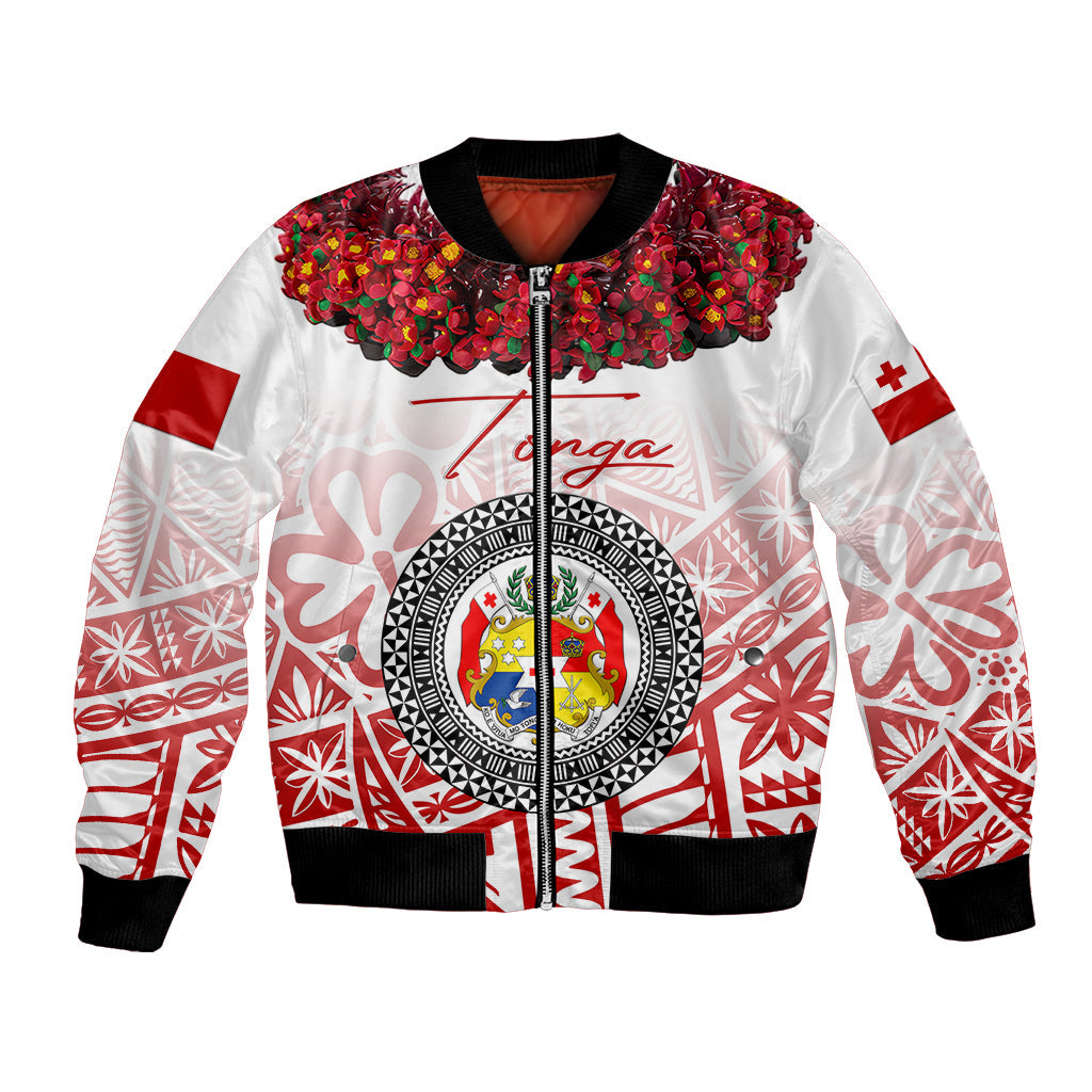 (Custom Personalised) Tonga Emancipation Day Bomber Jacket Independence Day Kupesi Kahoa Heilala Flower White