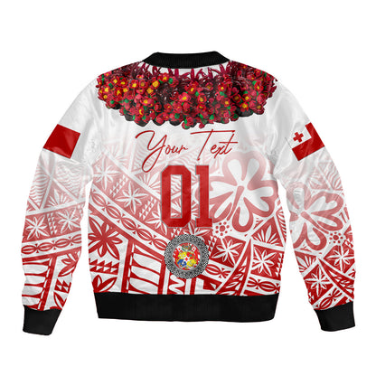 (Custom Personalised) Tonga Emancipation Day Bomber Jacket Independence Day Kupesi Kahoa Heilala Flower White