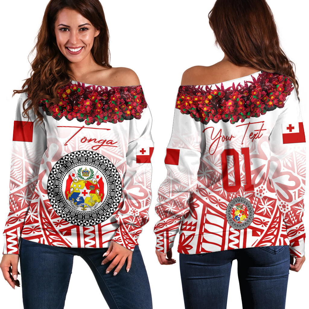(Custom Personalised) Tonga Emancipation Day Off Shoulder Sweater Independence Day Kupesi Kahoa Heilala Flower White