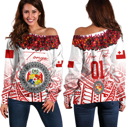 (Custom Personalised) Tonga Emancipation Day Off Shoulder Sweater Independence Day Kupesi Kahoa Heilala Flower White