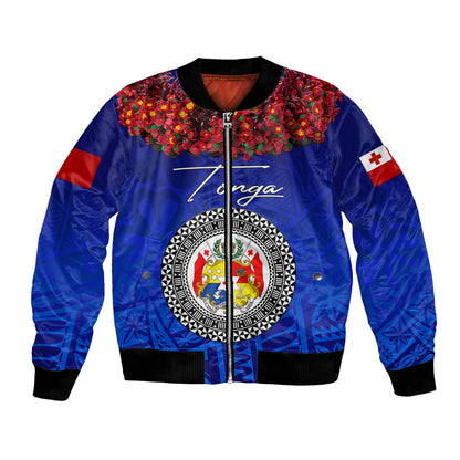 (Custom Personalised) Tonga Emancipation Day Bomber Jacket Independence Day Kupesi Kahoa Heilala Flower Blue