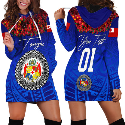 Custom Personalised Tonga Emancipation Day Hoodie Dress Independence Day Kupesi Kahoa Heilala Flower Blue