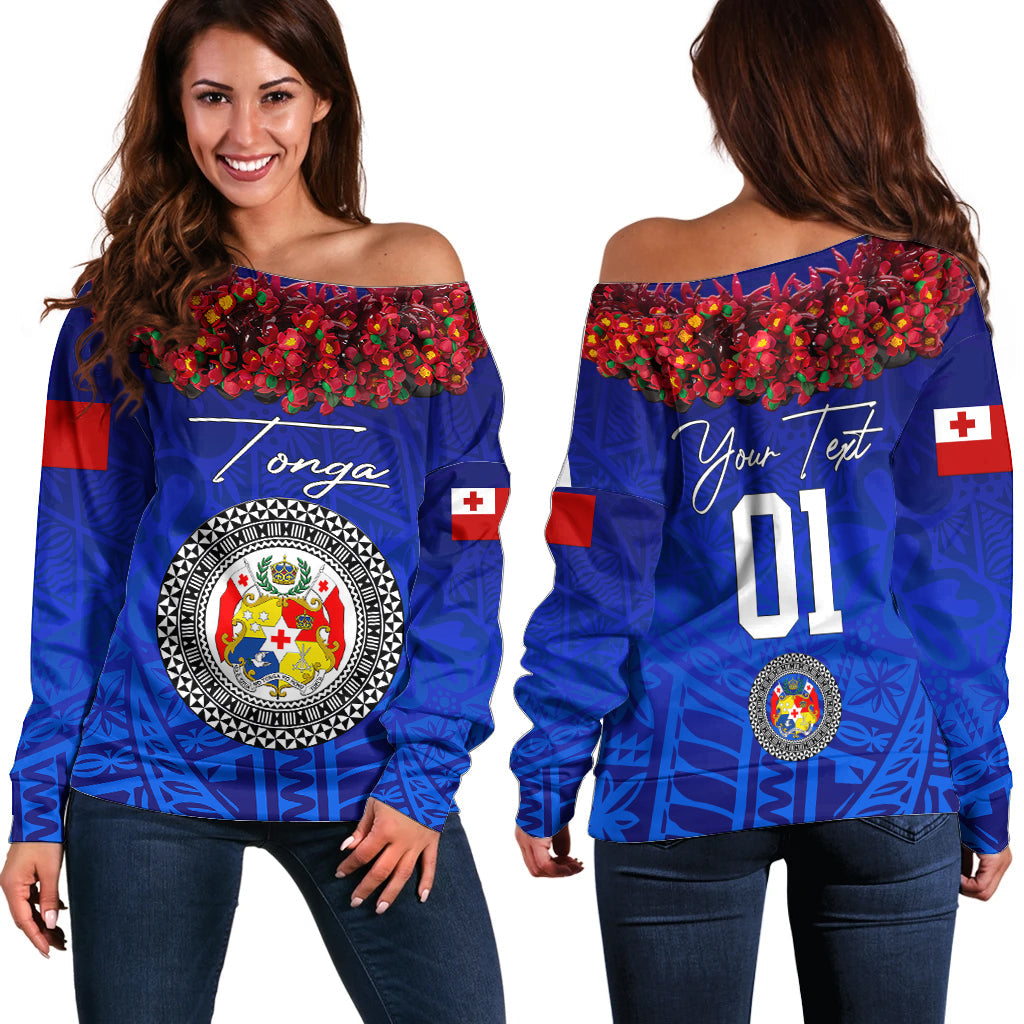 (Custom Personalised) Tonga Emancipation Day Off Shoulder Sweater Independence Day Kupesi Kahoa Heilala Flower Blue