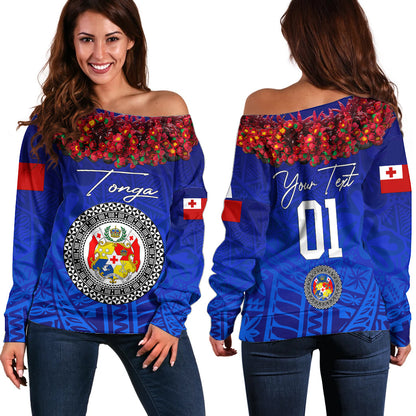 (Custom Personalised) Tonga Emancipation Day Off Shoulder Sweater Independence Day Kupesi Kahoa Heilala Flower Blue