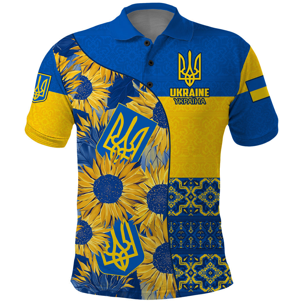Ukraine Polo Shirt Ukrainian Coat of Arms and Folk Sunflower