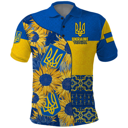 Personalised Ukraine Polo Shirt Ukrainian Coat of Arms and Folk Sunflower