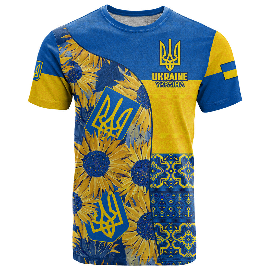 Personalised Ukraine T Shirt Ukrainian Coat of Arms and Folk Sunflower