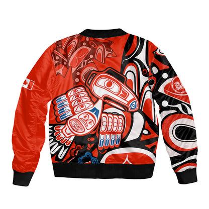 (Custom Personalised) Canada Haida Sleeve Zip Bomber Jacket Classic Haida Stylized Raven In Red