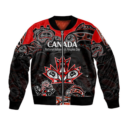 Canada National Aboriginal Day Sleeve Zip Bomber Jacket Indigenous Art Stylization