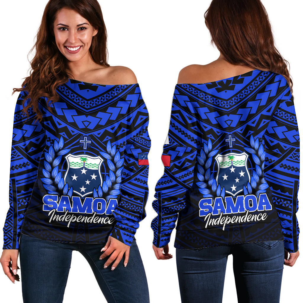 Samoa Independence Day Off Shoulder Sweater Ulafa Polynesian Unique Blue No1