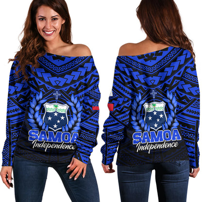 Samoa Independence Day Off Shoulder Sweater Ulafa Polynesian Unique Blue No1
