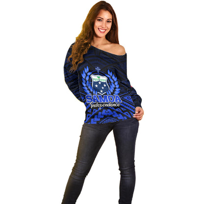 Samoa Independence Day Off Shoulder Sweater Ulafa Polynesian Unique Blue No2