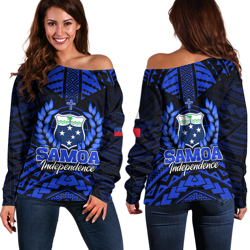 Samoa Independence Day Off Shoulder Sweater Ulafa Polynesian Unique Blue No3