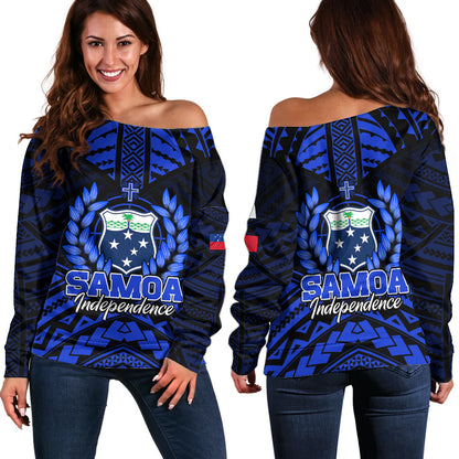 Samoa Independence Day Off Shoulder Sweater Ulafa Polynesian Unique Blue No3