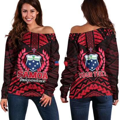 (Custom Personalised) Samoa Independence Day Off Shoulder Sweater Ulafa Polynesian Unique Red No3