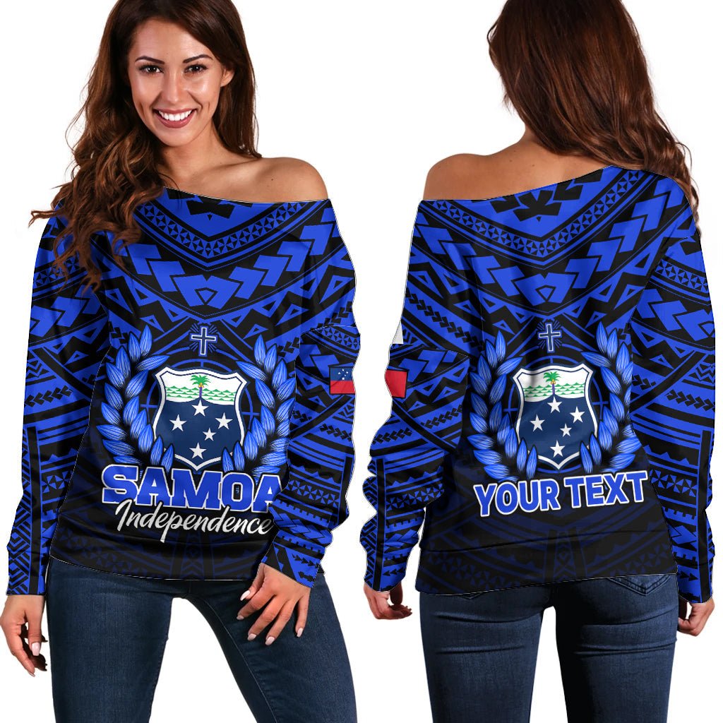 (Custom Personalised) Samoa Independence Day Off Shoulder Sweater Ulafa Polynesian Unique Blue No1