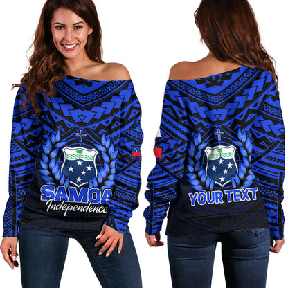 (Custom Personalised) Samoa Independence Day Off Shoulder Sweater Ulafa Polynesian Unique Blue No1