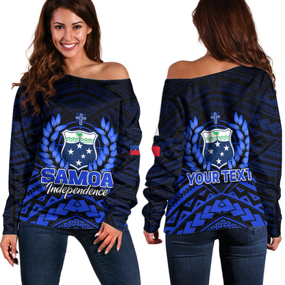 (Custom Personalised) Samoa Independence Day Off Shoulder Sweater Ulafa Polynesian Unique Blue No2