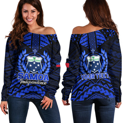 (Custom Personalised) Samoa Independence Day Off Shoulder Sweater Ulafa Polynesian Unique Blue No3