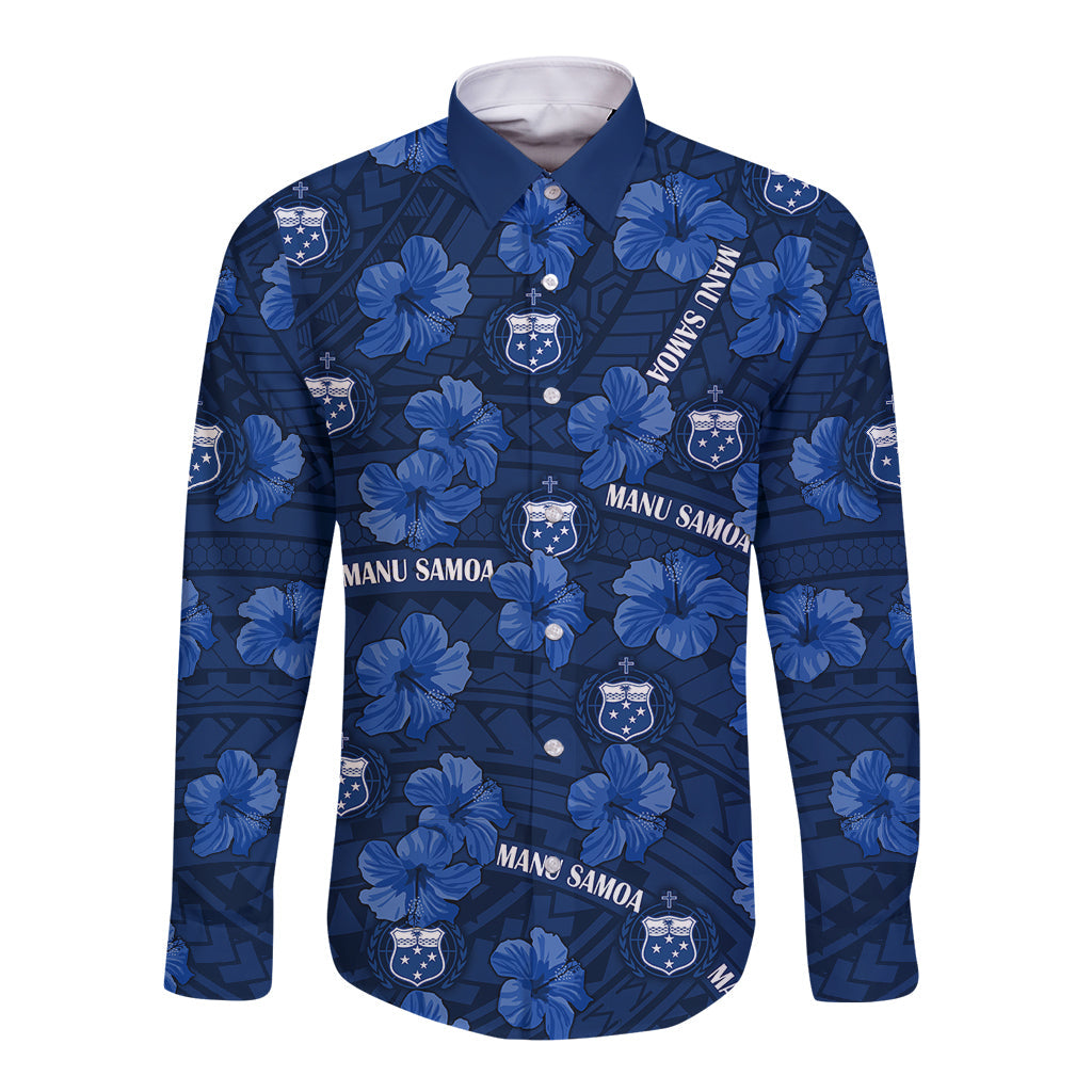 Manu Samoa Rugby Long Sleeve Button Shirt Polynesian Style With Hibiscus