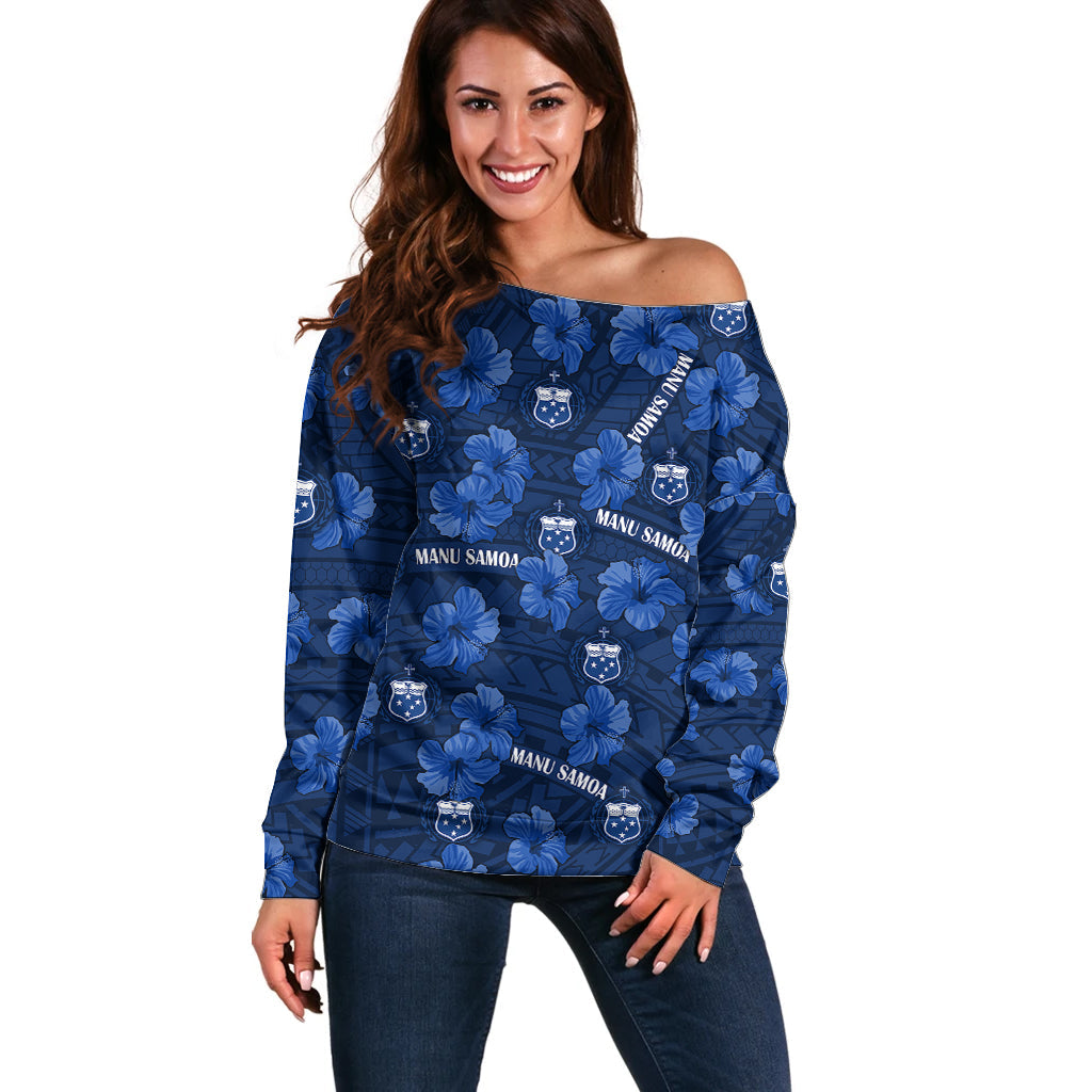 Manu Samoa Rugby Off Shoulder Sweater Polynesian Style With Hibiscus
