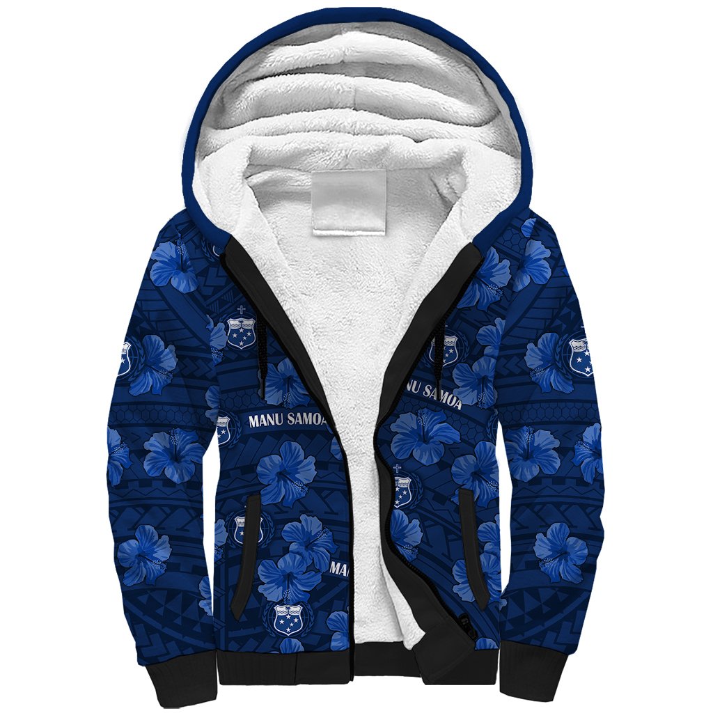 (Custom Text And Number) Manu Samoa Rugby Sherpa Hoodie Polynesian Style With Hibiscus