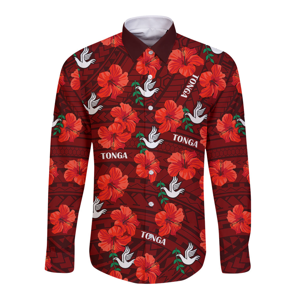 (Custom Text And Number) Tonga Rugby Long Sleeve Button Shirt Polynesian Style With Hibiscus