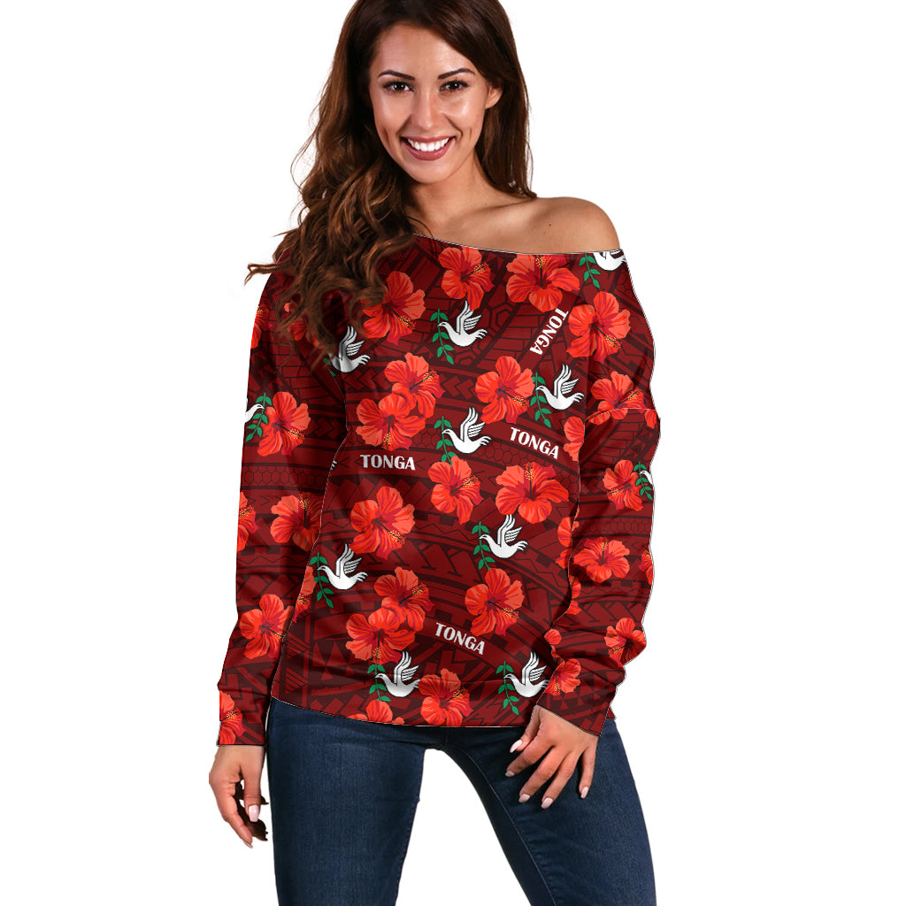 (Custom Text And Number) Tonga Rugby Off Shoulder Sweater Polynesian Style With Hibiscus