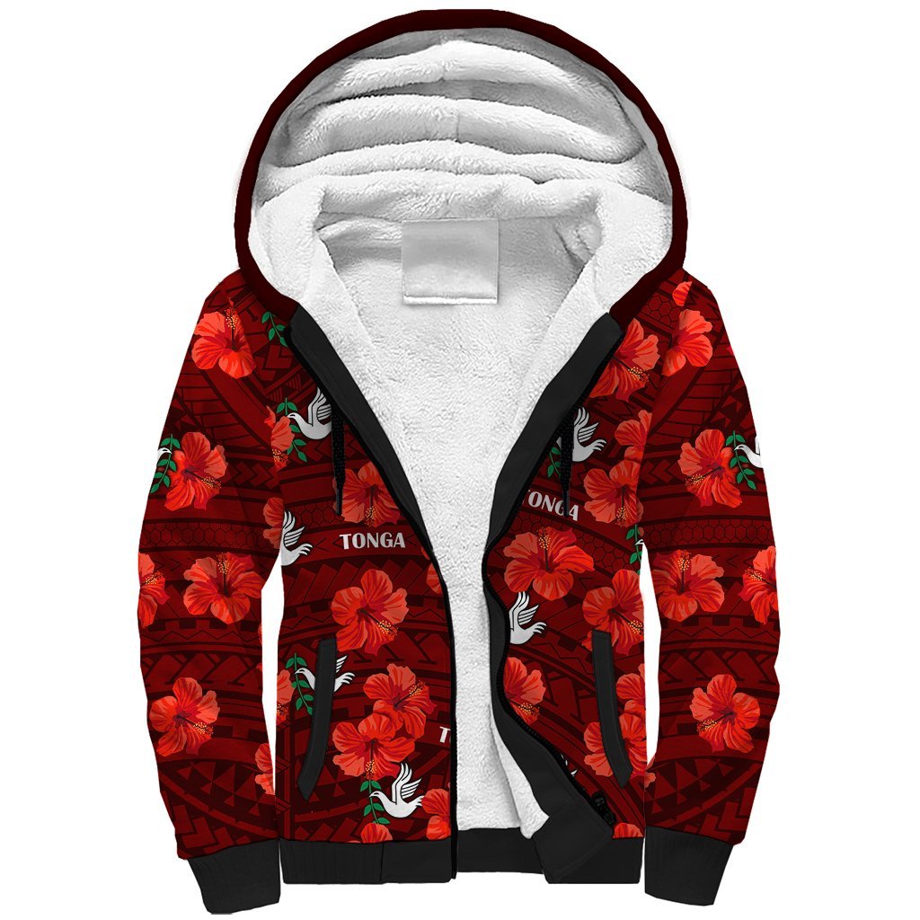 (Custom Text And Number) Tonga Rugby Sherpa Hoodie Polynesian Style With Hibiscus