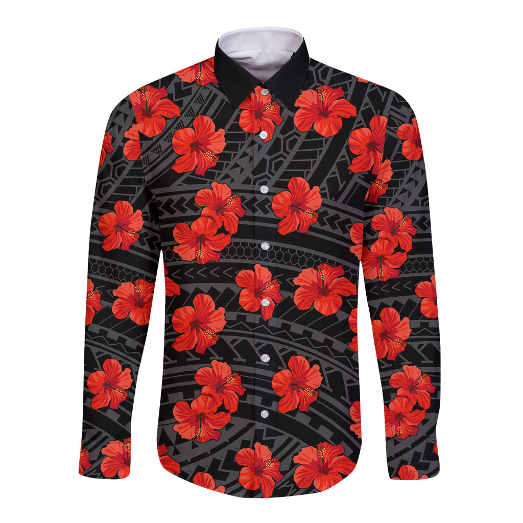 Polynesian Hawaii Style With Hibiscus Long Sleeve Button Shirt Black