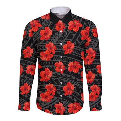 Polynesian Hawaii Style With Hibiscus Long Sleeve Button Shirt Black