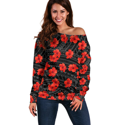 Polynesian Hawaii Style With Hibiscus Off Shoulder Sweater Black