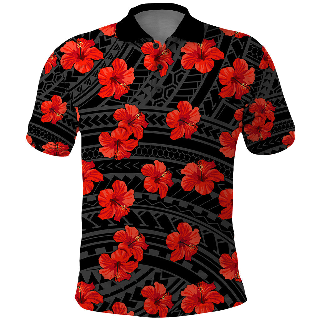 Polynesian Hawaii Style With Hibiscus Polo Shirt Black